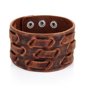 Mode Äkta Läder Armband För Män Brun Wide Manschett Bracelets Bangle Wristband Vintage Punk Male Smycken Gift