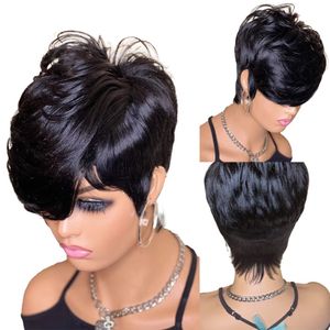 Short Cut Pixie Wavy Indian Bob Människohår Peruker Ingen spets Peruk med lugg För svarta kvinnor Hel maskintillverkad