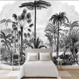 Bakgrunder Anpassad väggmålning Svartvitt Big Tree Tropical Rainforest Coconut Modern TV Soffa Bakgrund Vägg 3D Självhäftande tapeter