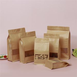 Kraft Stand Up Pouches Reusable Kraft Paper Packing Bag with Window Heat Sealable Tea Food Storage Bag