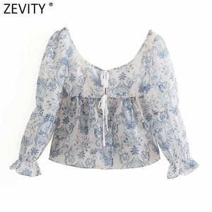 Zevity Women Fashion Floral Print Transparent Organza Blouse Female Puff Sleeve Lace Up Smock Shirt Chic Summer Tops LS9230 210603