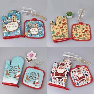 Cute Xmas Oven Mitts Microwave Baking Gloves Christmas Pattern Insulation Gloves and Mat Polyester Kitchen Gloves for Cooking