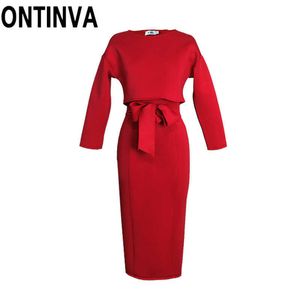 2 stycke set mode kvinnor våren och höst röd klänning båge bälte casual långärmad o-nacke robe vesto de mujer klänningar för damer 210527