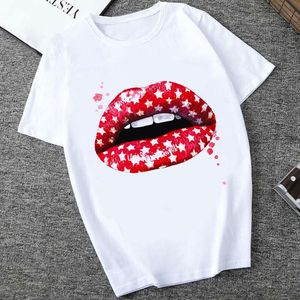 Women's T-Shirt Ladies Top Red Lips Love Printed Basic O-neck Short Sleeve White Kawaii Girl