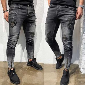 Męskie Slim-Fit Ripped Jeans Męskie Spodnie Hip Hip Skinny Stretch Dżinsowe Spodnie Męskie Spodnie Dżinsowe Spodnie Zipper Spodnie Pantalon X0621