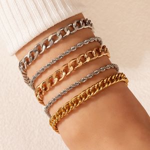 Punk Thick Chain Bracelets for Women Gold Silver Color Alloy Metal Adjustable Bohemian Jewelry 5pcs/sets