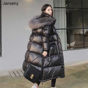 Janveny Long Down Jacket Women Winter Black Loose Real Raccoon Fur Hooded Fashion Waterproof Female Duck Puffer Coat 211008