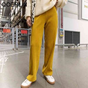 Estilo coreano calças retas mulheres cintura elástica casual inverno espessado corduro largo perna calças pinkk fêmea mais tamanho 210601
