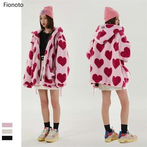 Hip Hop Flannel Parkas Lambswool Hoodie Jackets Mulheres Streetwear Impressão Completa Coração Inverno Harajuku Sherpa Zipper Revestimento 211126