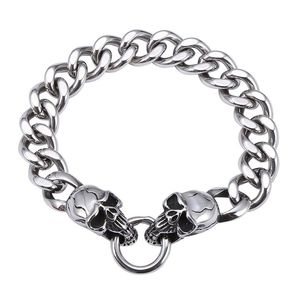 Link, Chain 12mm Double Skull Stainless Steel Curb Cuban Link Men Trendy Bracelets Hiphop Rock Jewelry Male Wristband Gift GS0006