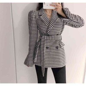 Spring Winter Women Jacket Woolen Pocket Double Breasted Plaid Puff Sleeve Houndstooth Blazers Lace Up Tops 210603
