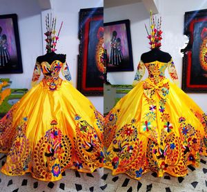 Yellow Prom Dresses Sweetheart Neckline Floral Embroidery Satin 1/2 Half Sleeves Pleats Evening Party Gown Floor Length Formal Ocn Wear Vestidos 403