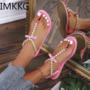 Sandels Summer Women's Flat Bowtie Sandali Sweet Boho Pearl Decoration Leather Flats Beach Pink Holiday Shoes Plus Size 43 220303