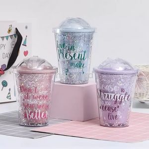 Lato Lodowa Puchar Niebieska Różowa Purpurowa Butelka Wody z pokrywką i słomkami 600ml Odkryty Drinkware EE