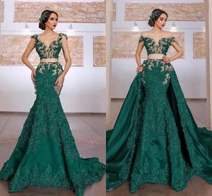 Arabisches zweiteiliges Abendkleid mit abnehmbarer Schleppe, Spitzenapplikation, grüne Meerjungfrau-Brautkleider Robe De Soiré Mariage