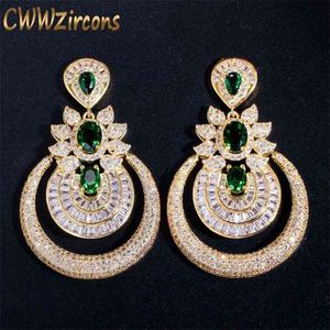 CWWZircons Dubai 18k Yellow Gold Vintage Costume Jewelry Green Emerald Long Big Drop Wedding Party Earrings for Women CZ457 210706