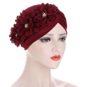 여성 꽃 러프 터번 모자 이슬람 패션 진주 Headscarf Bonnet 숙녀 헤어 액세서리 인도 모자 터비 니트 Mujer