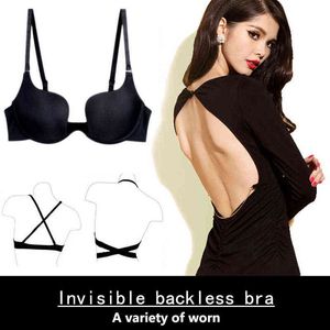 Sexy Bra Push Up U Plunge Bra Of Underwear Women D Cup Seamless Half Cup Bra And Brief Dress Lingerie Halter Solid Black 211217