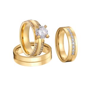 Lover Alliance 3 pcs CZ Moissanite Diamante Casal Anel Casal 18k Banhado A Ouro Casamento Anéis de Noivado Conjuntos para homens e mulheres