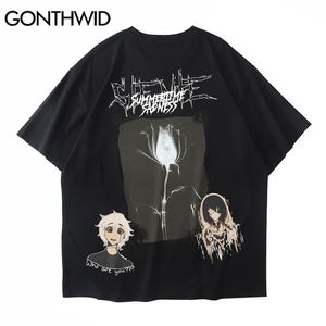 Tee shirts streetwear hajuku japanska anime tecknad rose print tshirts hip hop mode punk rock gotiska casual toppar 210602