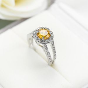 Wedding Rings Luxury Princess Cut Yellow CZ Crystal Ring With Micro Paved Clear Zircon 3 Layers High Polished Women Size 6-10