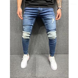 Mężczyźni Dziury Dżinsy Spodnie Moda Elastyczna Średnia Rise Slim Ripped Ołówek Z Kieszeniem Męska Patchwork Dżinsowe Spodnie S-3XL
