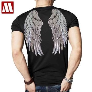 Moda Pullu Kadınlar Splice T Shirt Casual Melek Kanatları Adamın Yaz Üstleri Unisex Nakış Kısa Kollu Sequins T-Shirt 210716