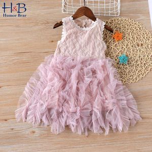 Humor Bear Girls Dress New Summer Sleeveless Yarn Stitching Puff Cake Princess Dress Sweet Dress Kids Clothing Q0716