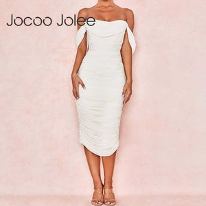 Jocoo Jolee Sommer Elegantes Weißes Schulterfreies Trägerloses Bandage Knielanges Kleid Frauen Sexy Slim Fit Party Abend Club Kleider 210619