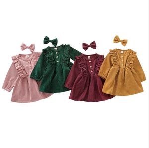 Robes de filles Robe en velours côtelé pour tout-petits avec épingle à cheveux Bébé Dentelle Princesse Bowknot Bandeau Infantile À Manches Longues Nouveau-Né Boutique Vêtements WMQ626