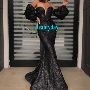 Lantejoulas vestidos de baile 2021 vestido de noite formal vestido de pageant vestidos africanos manga longa negra menina barato sexy decote fora do ombro
