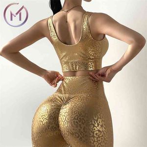 Golden Leopard Print Yoga Sets Women Sexy High Waist Push Up Gym Workout Tights Clothing Sale MITAOGIRL 210802