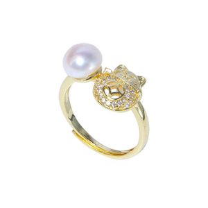 Mode Fortune Cat Dign 14k Guldpläterad 7-8mm Knapp Pearl Ring med billigt pris