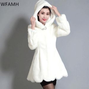 女性の毛皮のフェイクプラスのサイズミンクベルベットジャケット高品質コート女性ミッドレングスフード付き厚い暖かい冬2021ファッション女性のコテス