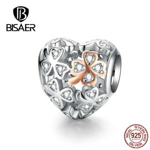 BISAER Romantic 925 Sterling Silver Clover Flower Engrave Beads in Heart Shape Charms fit Bracelets Silver 925 Jewelry ECC1248 Q0531
