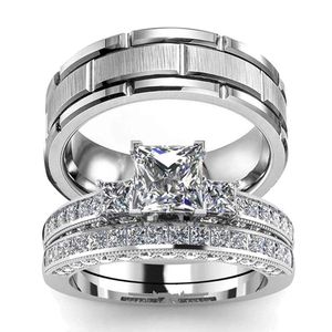 Anéis de casamento Casal Mulheres Clássico Quadrado Zircão Anel de Noivado Conjunto Mens 8mm Aço Inoxidável Cor Prata Sulco Corte