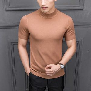 MRMT 2021 Brand New Outono Men's T Shirtpure Color Semi-Alto Collar Malha para Masculino Meia Sleeved Sweater Tops Y0907