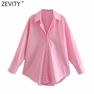 Zevity Women Simply Single Breasted Poplin Pink Shirt Office Lady Long Sleeve Business Blouse Roupas Chic Blusas Tops LS9288 210603