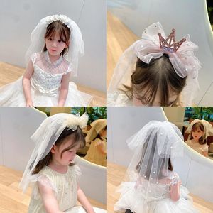 Wholesale bow veils resale online - Hair Accessories Headbands For Kids Girl Princess Hairbands Yarn Veil Crown Bow Knot Flower Child Korean Handmade