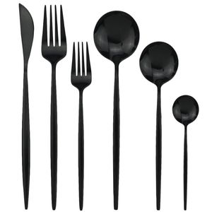 Flatvaruuppsättningar 36st Black Table Seware Set Knife Fork Spoon Mirror Moderföretag 304 Rostfritt stål Silverföretag Kök Cotlary Setflatware