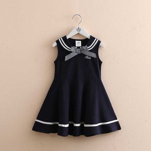 Sommar Preppy Style 3 4 6 8 10 12 ÅR Barn ärmlös Bow Sailor Collar Navy Blue Kids Baby Girls Military Dress 210529