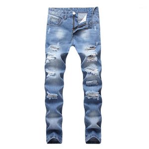 Mäns Jeans 2021 Sweatpants Fashion Street Wear Ripped Light Blue Male Straight Slim Denim Trousers Hommes Cowboy Byxor