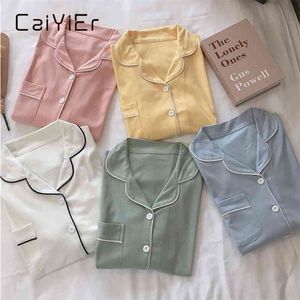 CAIYIER Pigiama da donna Set Pure Color Femme Nighty Winter Spessa Casual Sleepwear Cotton Girls Colletto rovesciato Cute Nightwear 210809