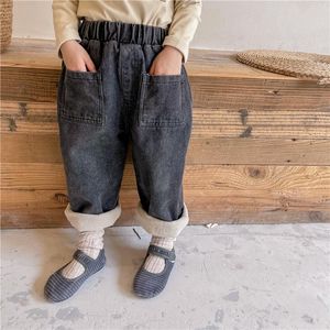 Jeans WLG Bambini Ragazzi Ragazze Caldo inverno Denim Blu Nero Velluto solido Tasche spesse Pantaloni Jean per bambini per 1-6 anni