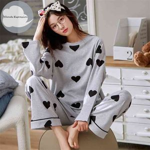 Autumn Sleep Lounge Pajama Long Sleeved Top Polka Dots Women Sets Cartoon Pyjamas Cotton Sleepwear M L XL XXL XXXL 210830