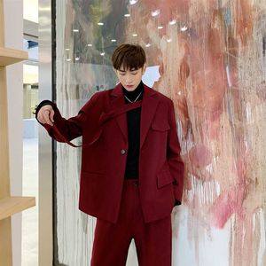 IEFB Niche Men's Clothing Red Irregular Tie Big Size Blazers Loose Jacket + Casual Suit Pants 2021 Autumn New Set 9Y52703 X0909