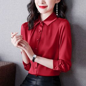 韓国のファッションシルク女性ブラウスオフィスの女性のシャツサテン長袖レディーストップスとプラスサイズXXXL Blusas Largas 210531