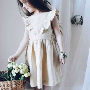 Toddler Cotton Linen Flutter Sleeve Dress for Girls Ins Fashion Casual Clothing Kids Korean Costume 210529