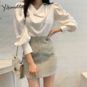 Yitimuceng Satin Blouse Woman Oversize Office Lady Tops Fashion Long Puff Sleeve Light Green White Pink Shirt Spring Summer 210601