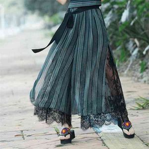 Ny Plus Storlek Sommar Mode Kvinnor Striped Wide Leg Lace Bow Loose Dress Byxor Kvinna Casual Kjol Byxor Capris Culottes Q0801